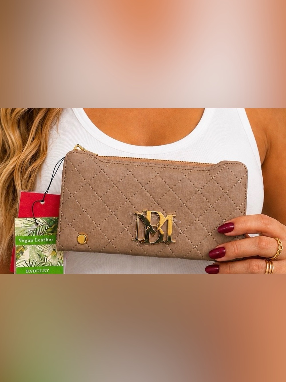Badgley Mischka Quilted Taupe Vegan Leather Clutch with Gold Logo